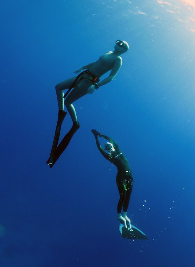 Emma Farrell and freediver in the Red Sea, freediving with a monofin